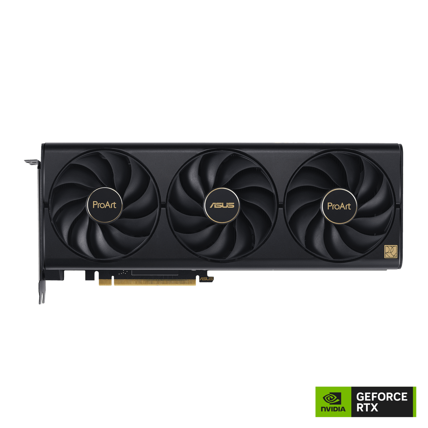Front side of the ASUS ProArt GeForce RTX 4080 SUPER graphics card with logo